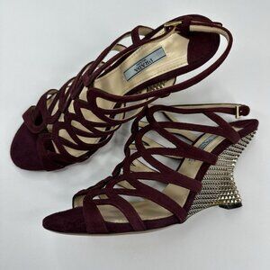 Prada Women's Burgundy Open Toe Strappy Wedge Metallic Sandal EU‎ 37.5 / US 7